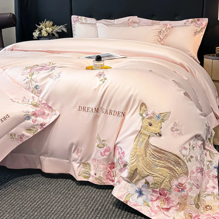 Embroidered Egyptian Cotton Bedding Set 800TC | Fawn Garden in Blush Pink