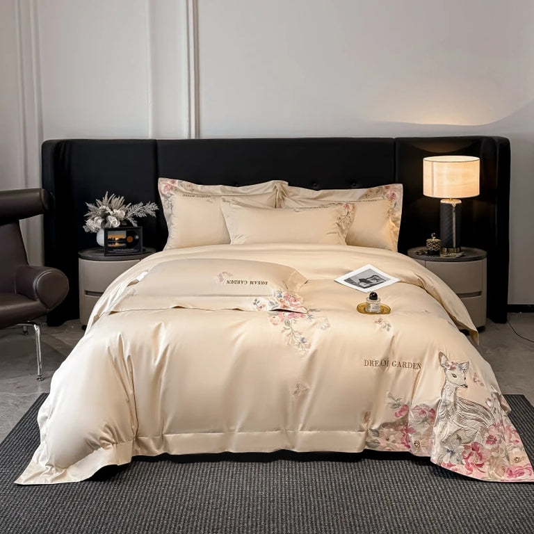 Embroidered Egyptian Cotton Bedding Set 800TC | Fawn Garden in Champagne