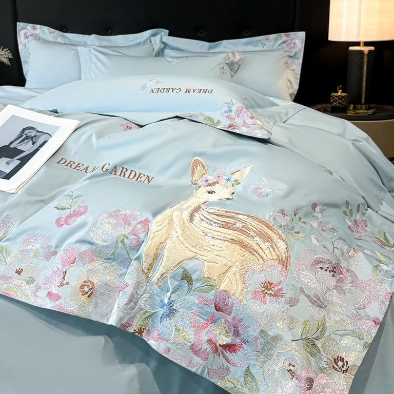 Embroidered Egyptian Cotton Bedding Set 800TC | Fawn Garden embroidery close up