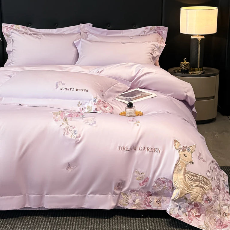 Embroidered Egyptian Cotton Bedding Set 800TC | Fawn Garden in Lilac