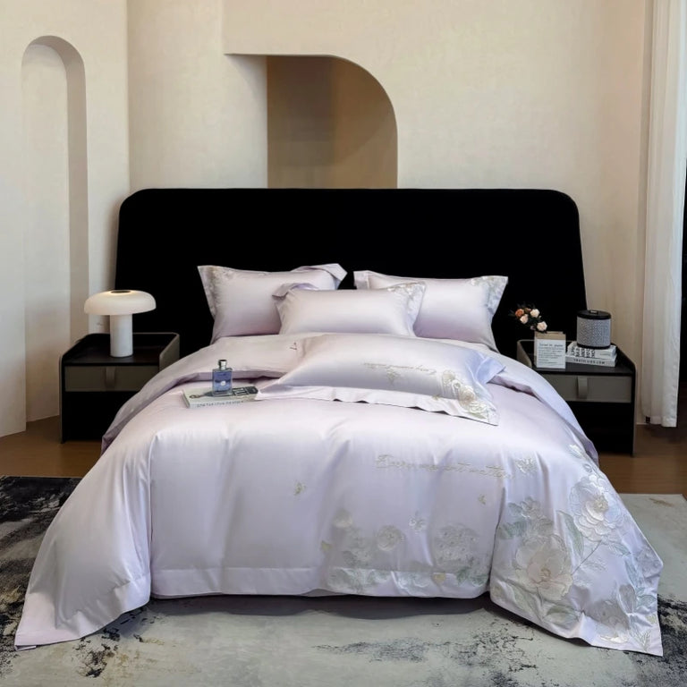 Embroidered Egyptian Cotton Bedding Set 800TC | Fawn Garden in Misty Lilac