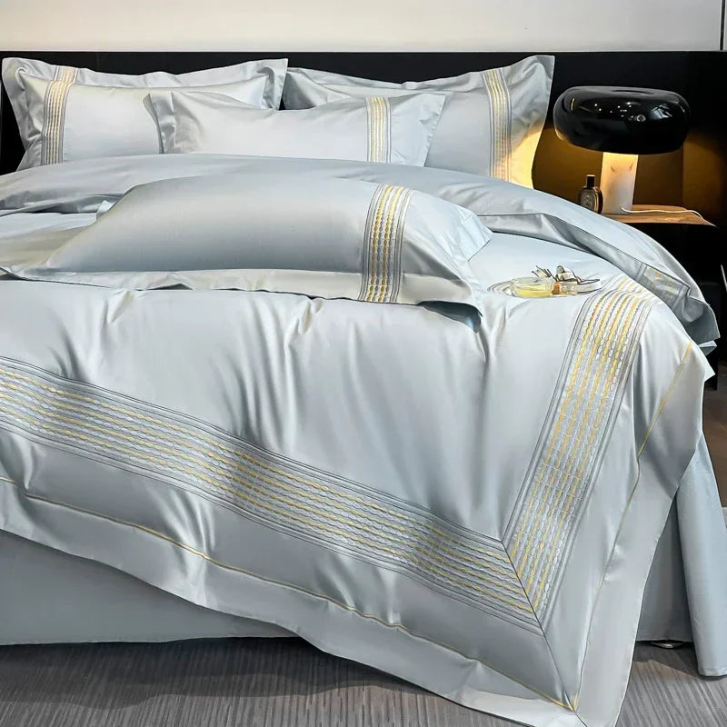 Embroidered Egyptian Cotton Bedding Set 800TC | Ice Blue Stripe duvet cover angle view