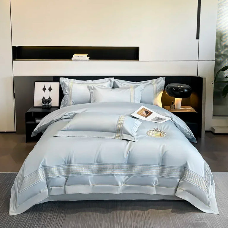 Embroidered Egyptian Cotton Bedding Set 800TC | Ice Blue Stripe on double bed