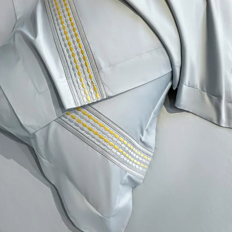 Embroidered Egyptian Cotton Bedding Set 800TC | Ice Blue Stripe embroidered stripe detail