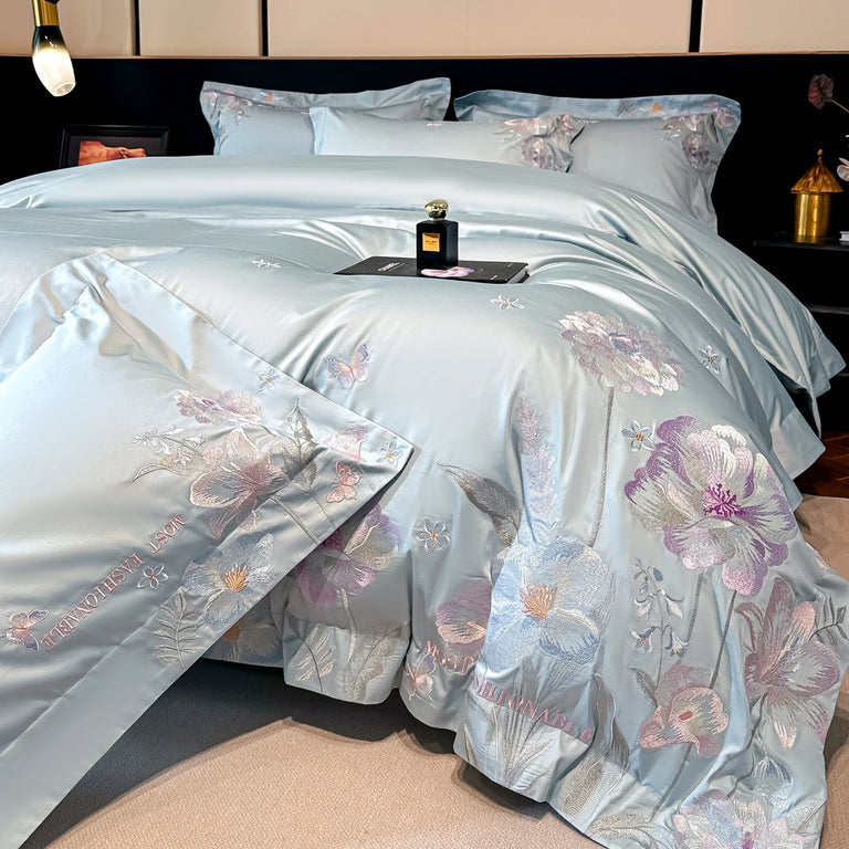 Embroidered Egyptian Cotton Bedding Set 800TC | Pastel Bloom in Aqua Bloom