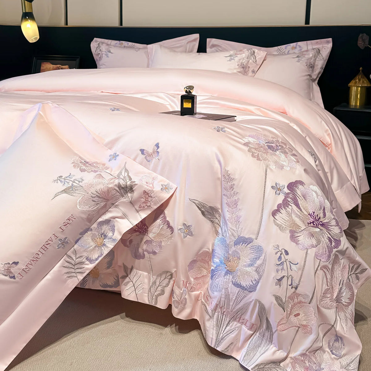 Embroidered Egyptian Cotton Bedding Set 800TC | Pastel Bloom on double bed