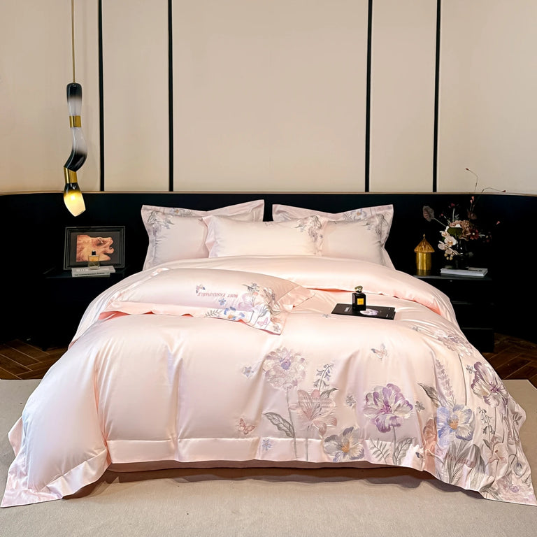 Embroidered Egyptian Cotton Bedding Set 800TC | Pastel Bloom in Blush Bloom