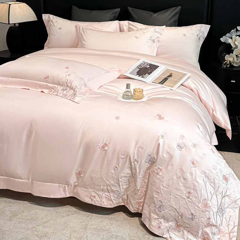 Embroidered Egyptian Cotton Bedding Set 800TC | Pastel Bloom in Blush Petals