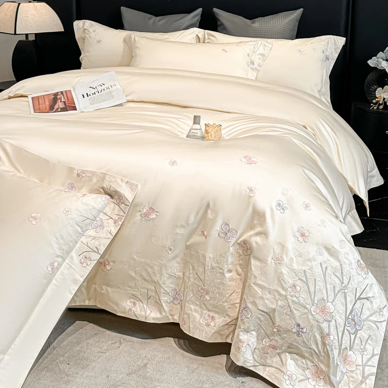Embroidered Egyptian Cotton Bedding Set 800TC | Pastel Bloom in Cream Petals