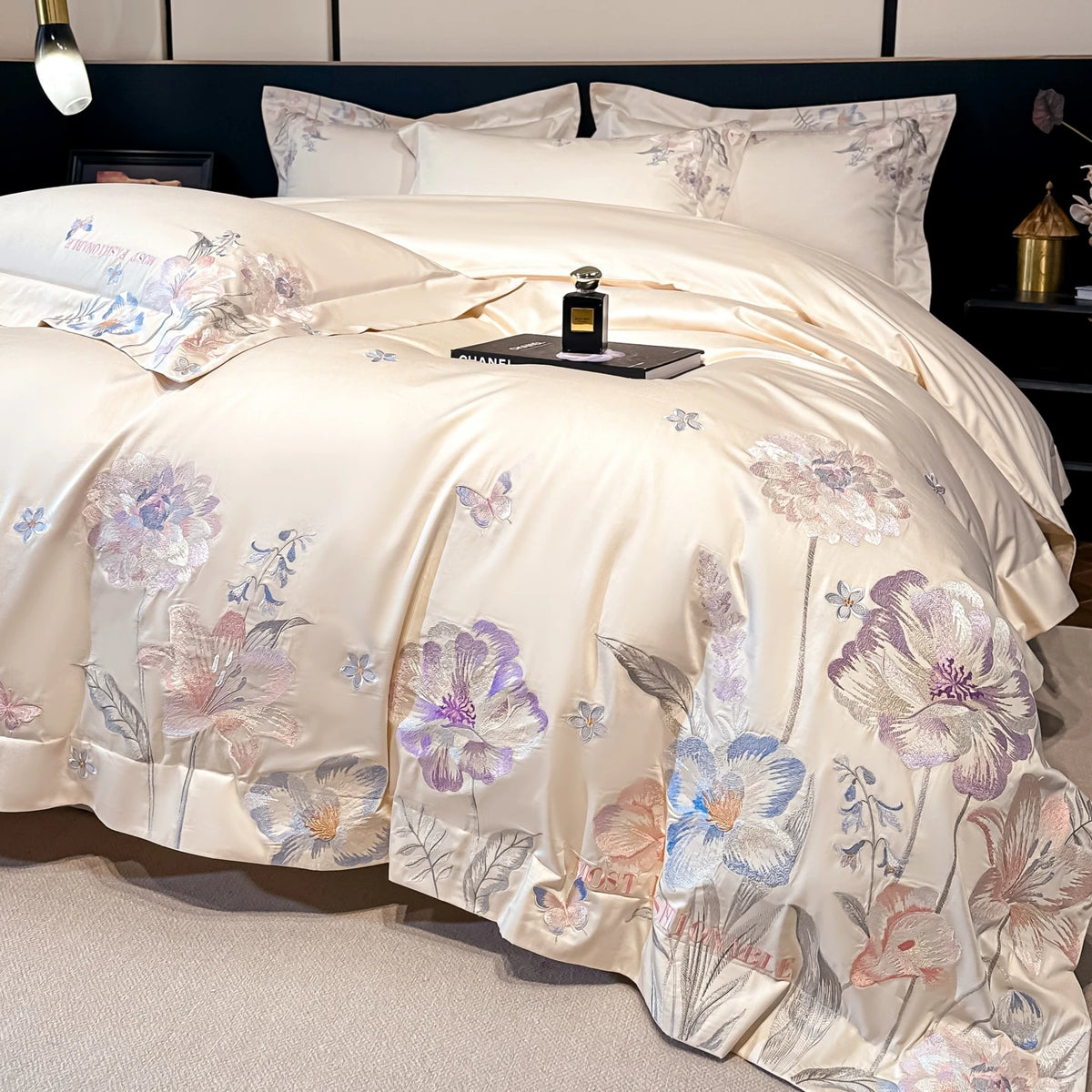 Embroidered Egyptian Cotton Bedding Set 800TC | Pastel Bloom in Ivory Bloom