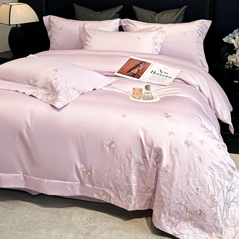 Embroidered Egyptian Cotton Bedding Set 800TC | Pastel Bloom in Lilac Petals