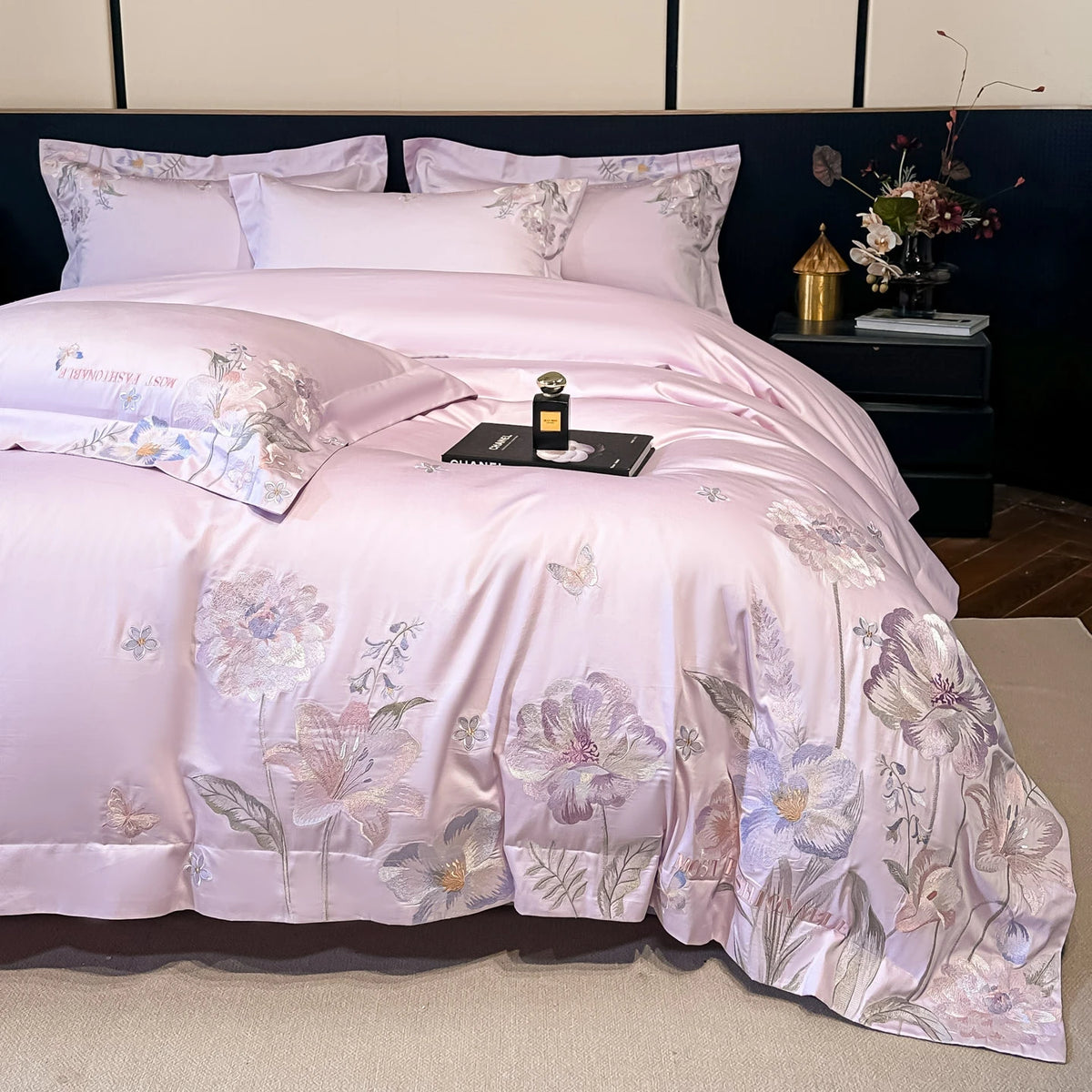 Embroidered Egyptian Cotton Bedding Set 800TC | Pastel Bloom in Orchid Bloom