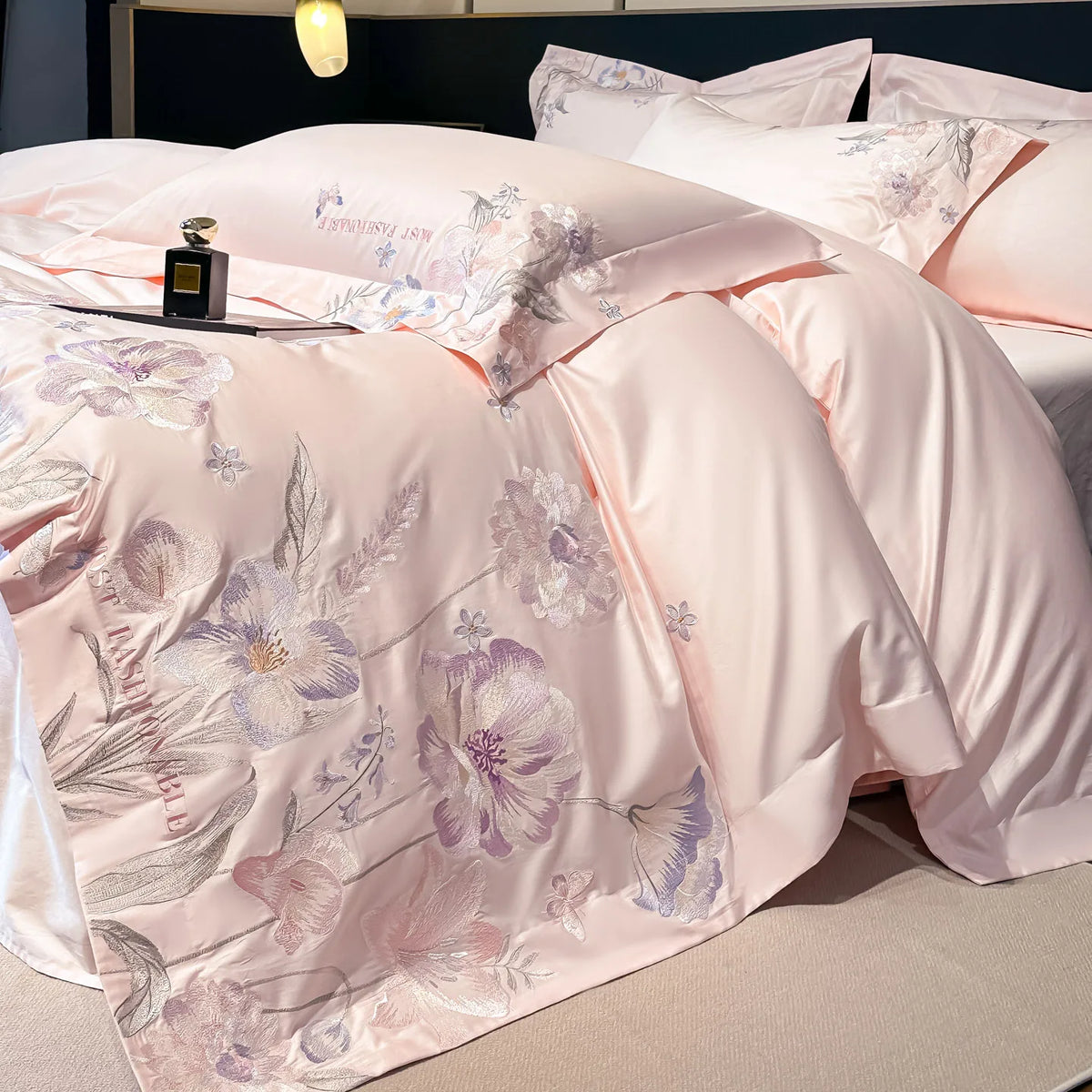 Embroidered Egyptian Cotton Bedding Set 800TC | Pastel Bloom bedding side view