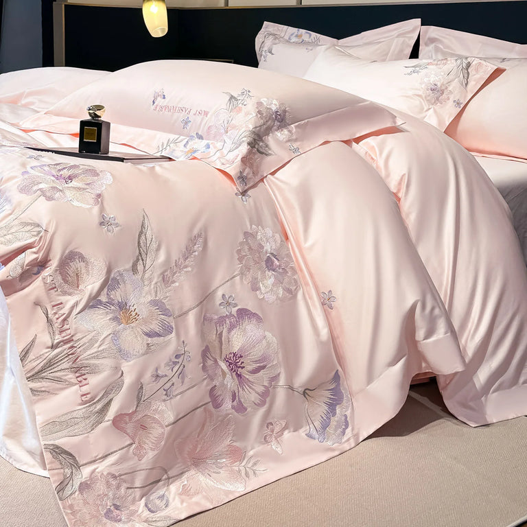 Embroidered Egyptian Cotton Bedding Set 800TC | Pastel Bloom bedding side view