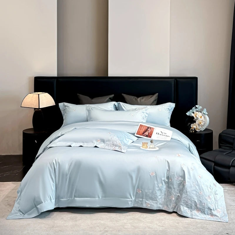 Embroidered Egyptian Cotton Bedding Set 800TC | Pastel Bloom in Sky Petals