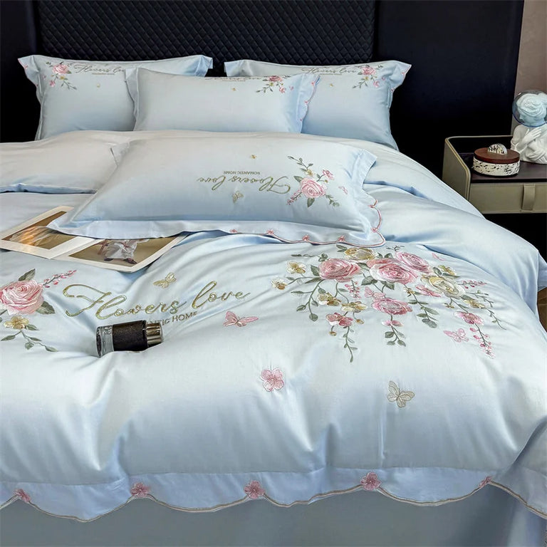 Embroidered Egyptian Cotton Bedding Set 800TC | Rose Bouquet bedding angle view