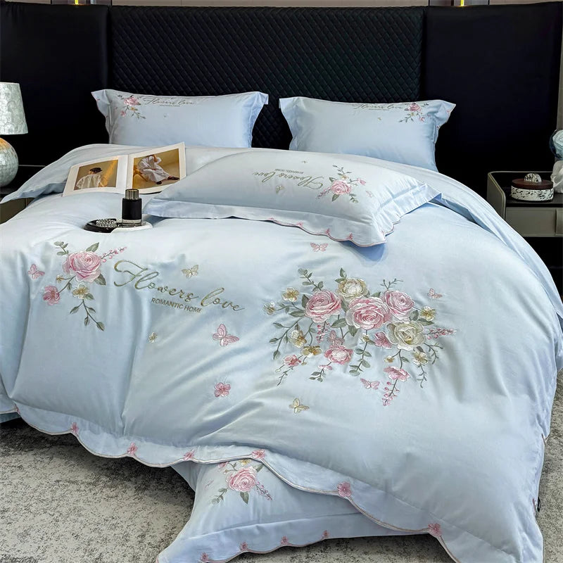 Embroidered Egyptian Cotton Bedding Set 800TC | Rose Bouquet - Egyptian Bedding