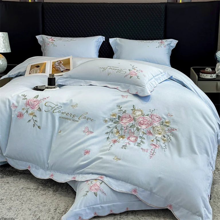 Embroidered Egyptian Cotton Bedding Set 800TC | Rose Bouquet on double bed