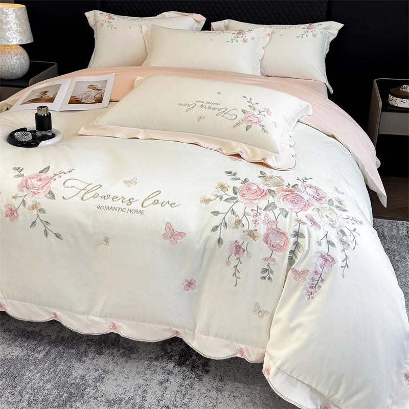 Embroidered Egyptian Cotton Bedding Set 800TC | Rose Bouquet in Ivory