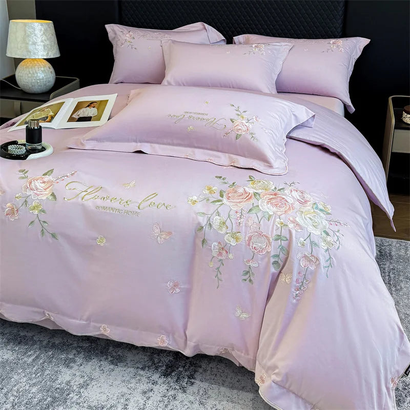 Embroidered Egyptian Cotton Bedding Set 800TC | Rose Bouquet in Lilac Pink