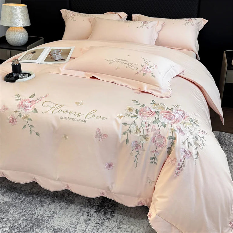 Embroidered Egyptian Cotton Bedding Set 800TC | Rose Bouquet in Peach