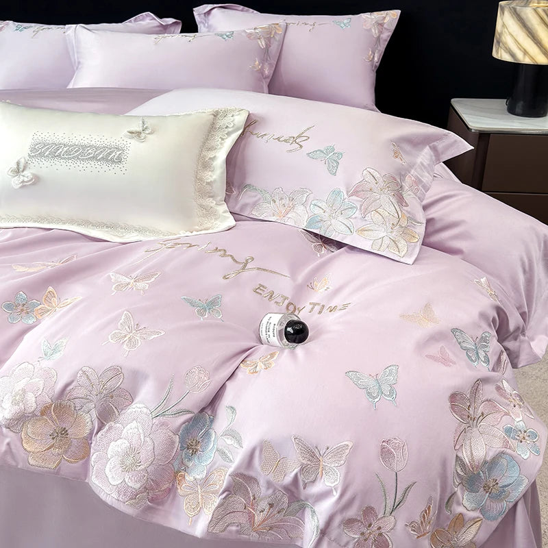 Embroidered Egyptian Cotton Bedding Set 900TC | Lavender Butterfly on double bed