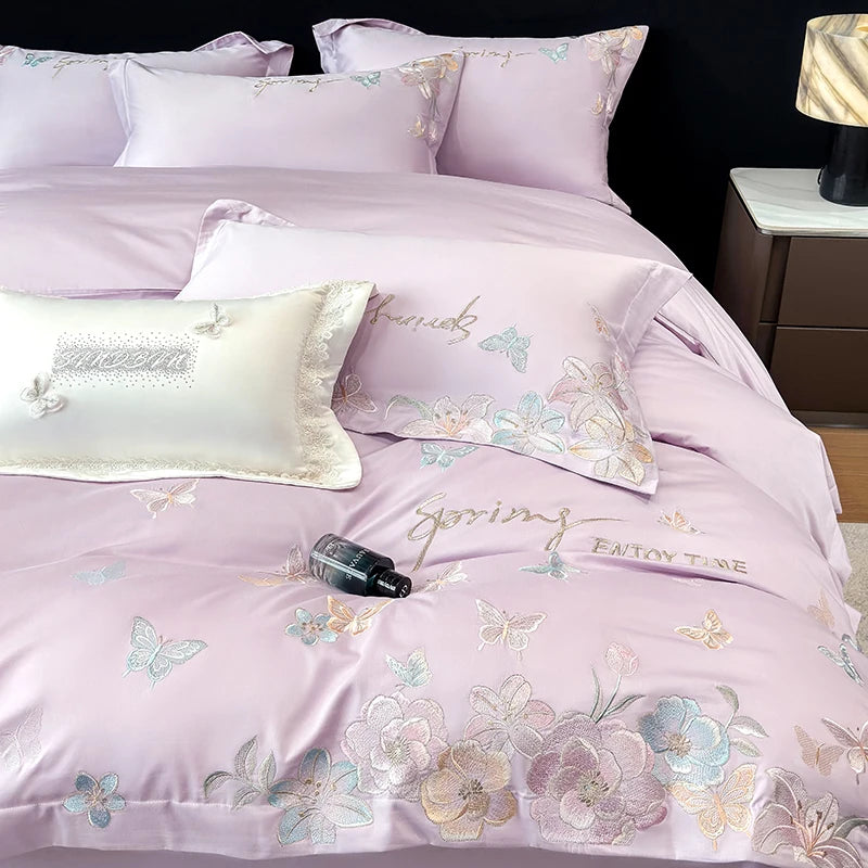 Embroidered Egyptian Cotton Bedding Set 900TC | Lavender Butterfly duvet cover with butterflies