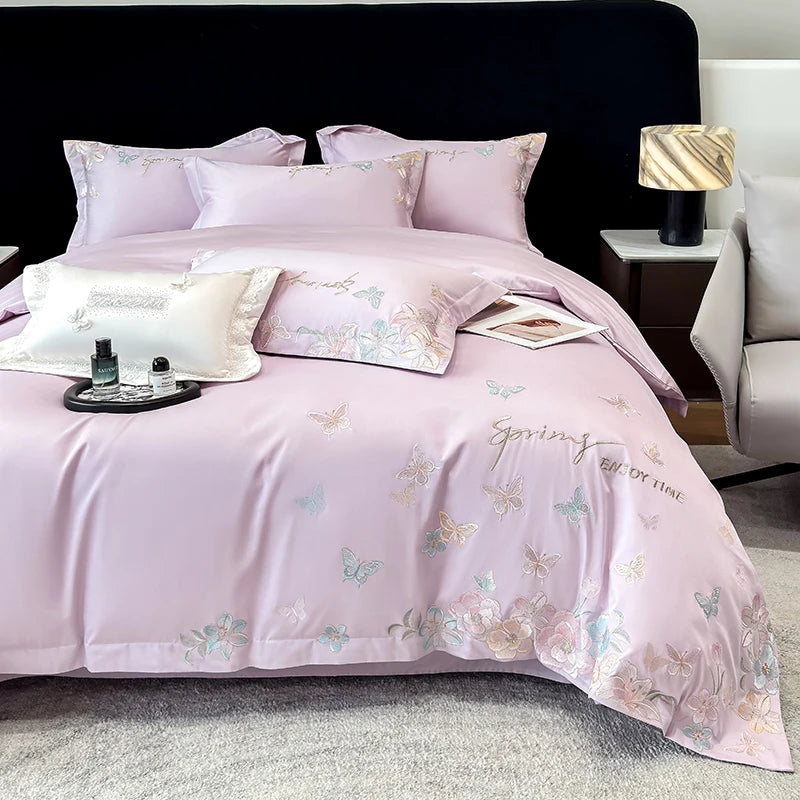 Embroidered Egyptian Cotton Bedding Set 900TC | Lavender Butterfly duvet cover front view