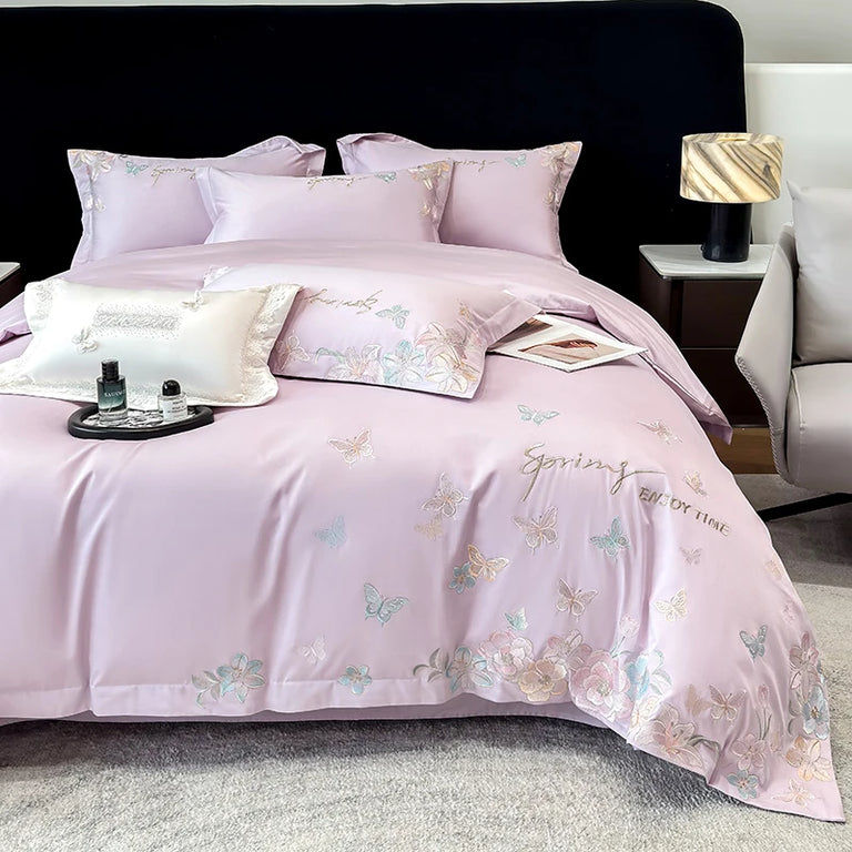 Embroidered Egyptian Cotton Bedding Set 900TC | Lavender Butterfly duvet cover front view