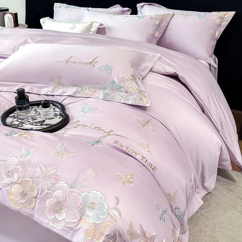Embroidered Egyptian Cotton Bedding Set 900TC | Lavender Butterfly embroidered pillowcases