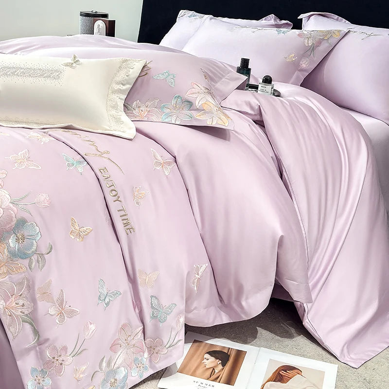 Embroidered Egyptian Cotton Bedding Set 900TC | Lavender Butterfly bedding side view