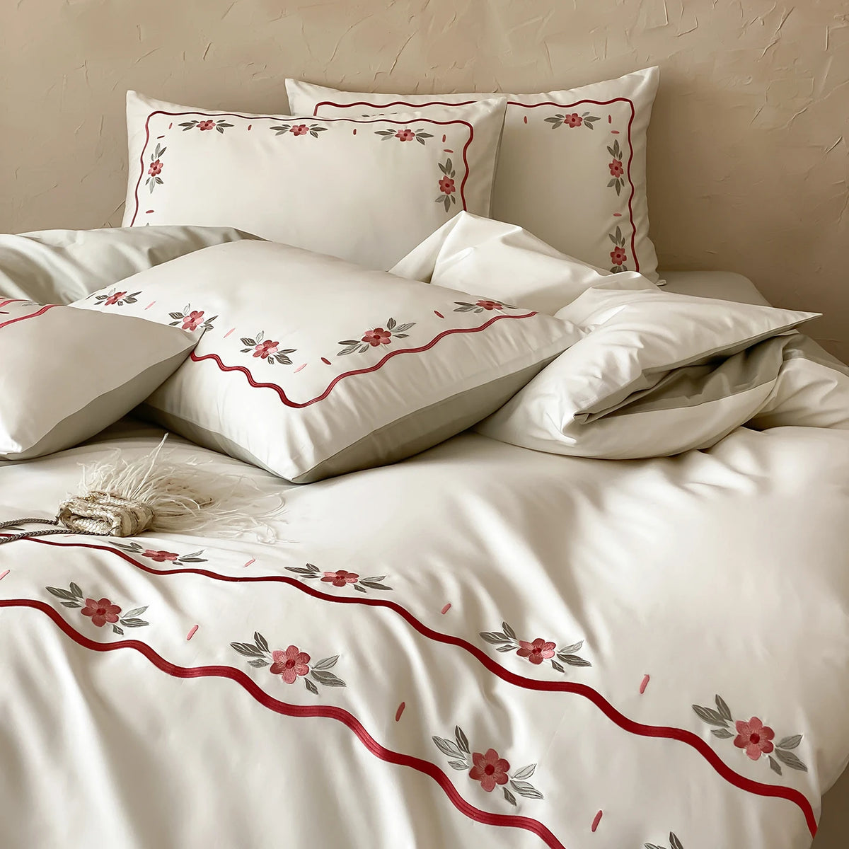 Embroidered Egyptian Cotton Bedding Set 900TC | Rosebud Ribbon duvet cover and pillowcases