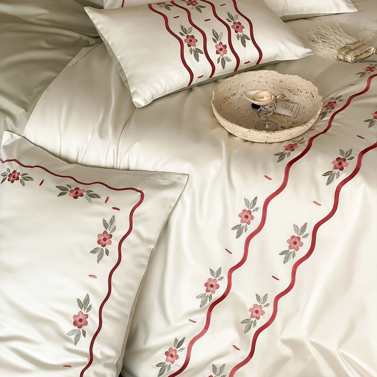 Embroidered Egyptian Cotton Bedding Set 900TC | Rosebud Ribbon ribbon embroidery close up