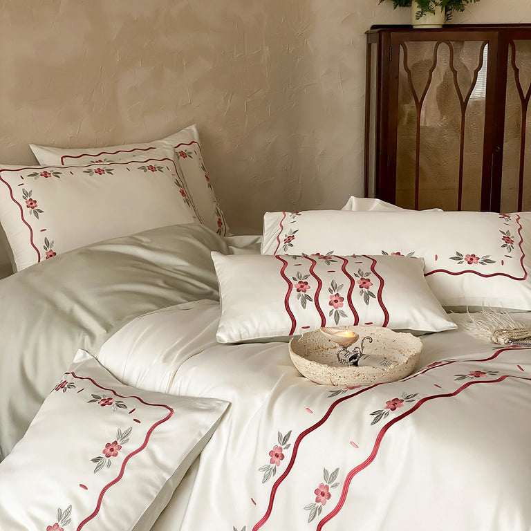 Embroidered Egyptian Cotton Bedding Set 900TC | Rosebud Ribbon embroidered pillowcases