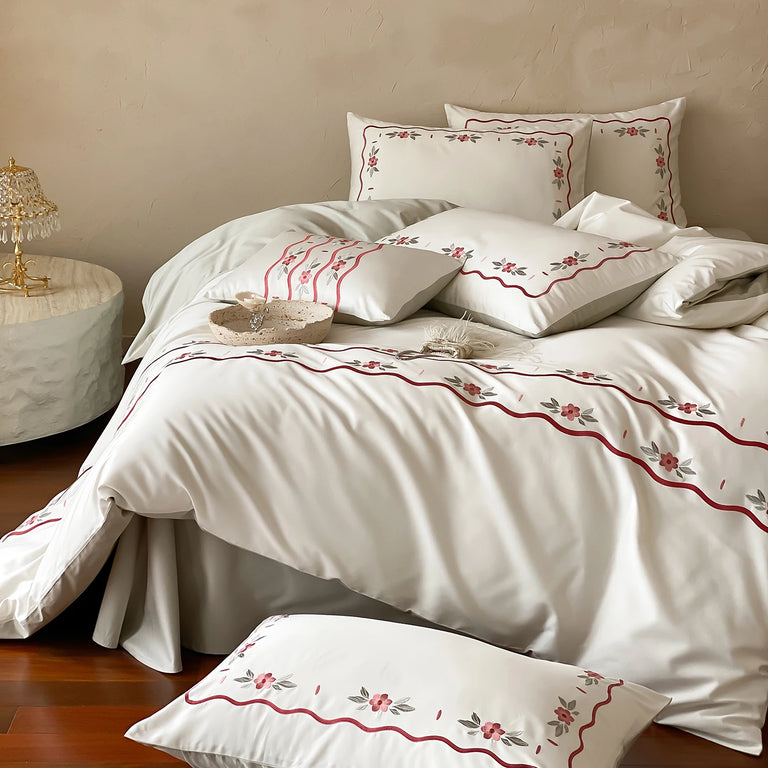 Embroidered Egyptian Cotton Bedding Set 900TC | Rosebud Ribbon bedding side view