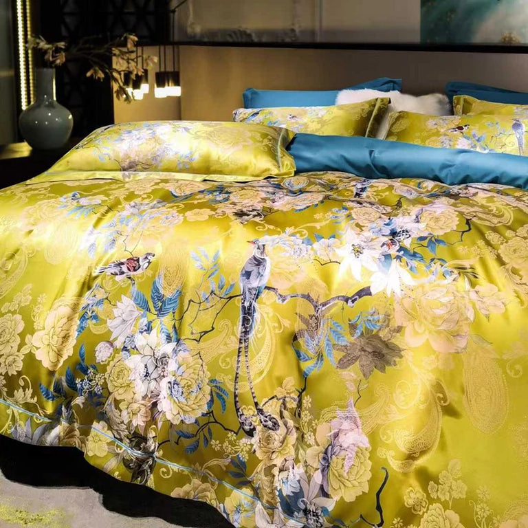 Floral Egyptian Cotton Bedding Set 1000TC | Mustard Garden duvet cover angle view