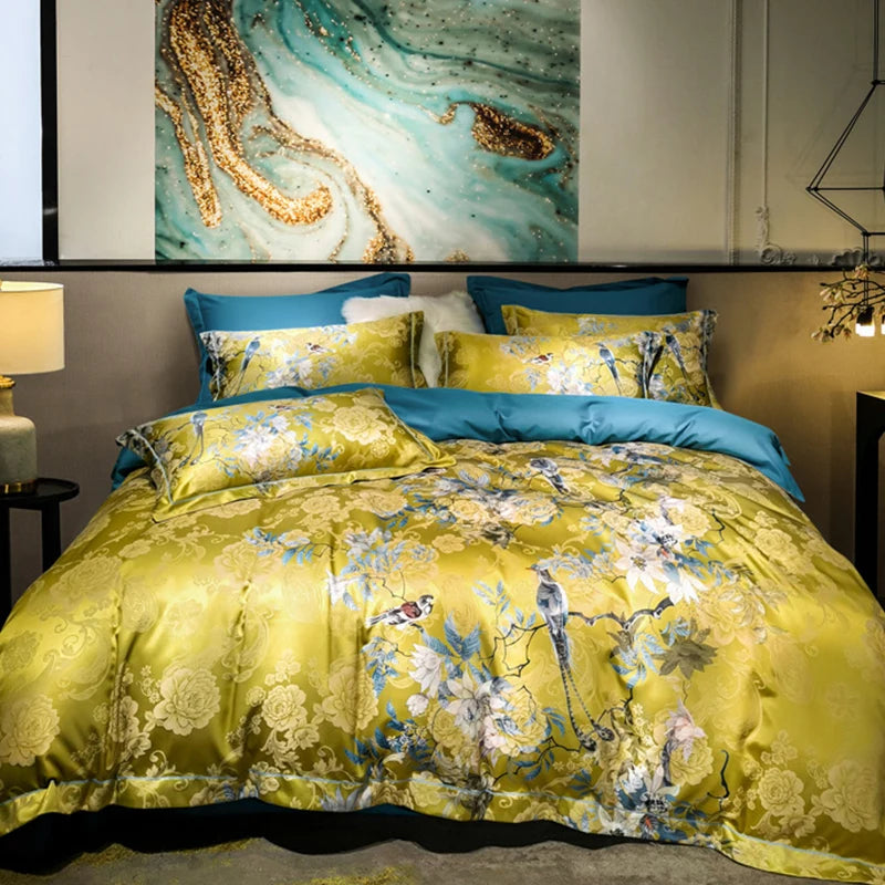 Floral Egyptian Cotton Bedding Set 1000TC | Mustard Garden on double bed