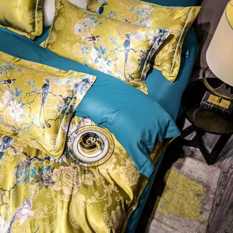 Floral Egyptian Cotton Bedding Set 1000TC | Mustard Garden pillowcases with teal sheet
