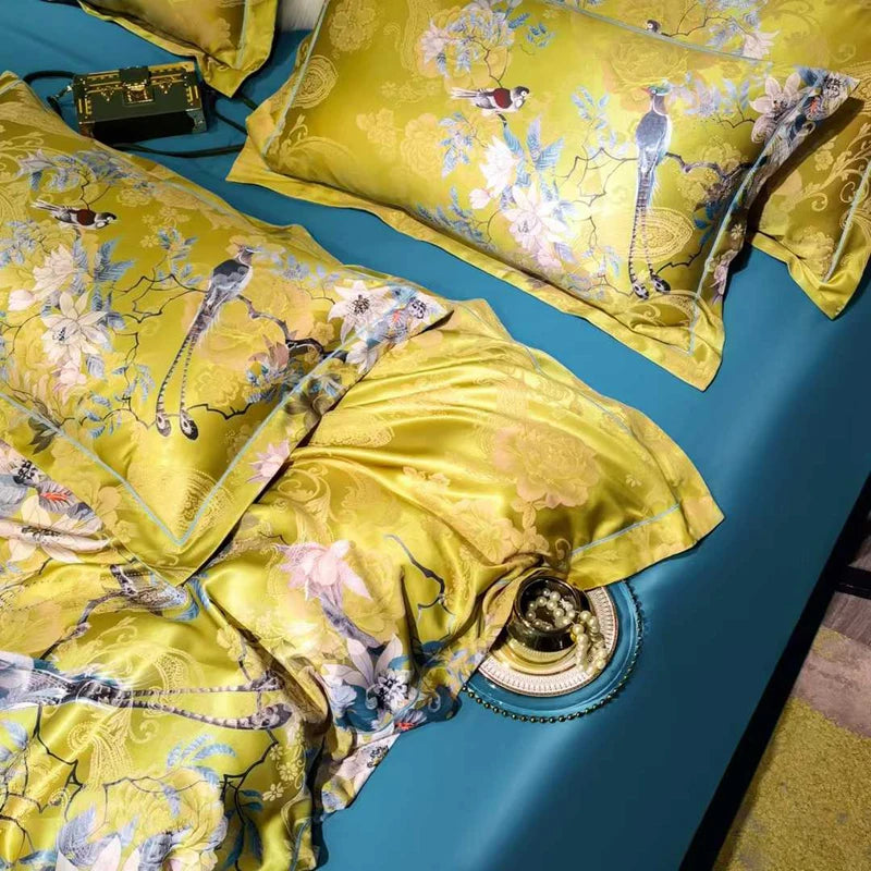 Floral Egyptian Cotton Bedding Set 1000TC | Mustard Garden bird print close up
