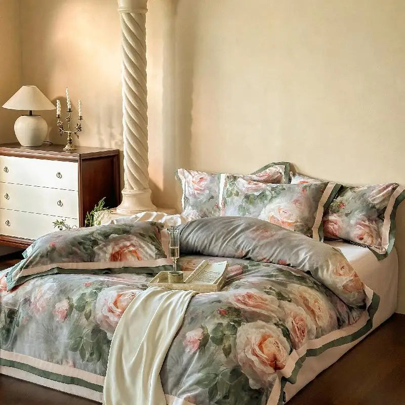 Floral Egyptian Cotton Bedding Set 1000TC | Painted Rose duvet cover angle view