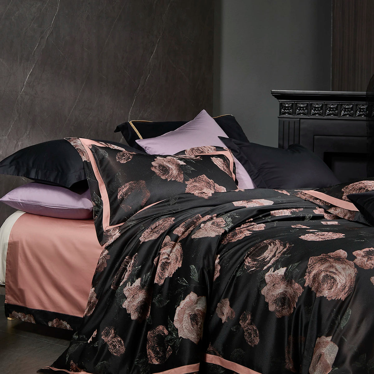 Floral Egyptian Cotton Bedding Set 1200TC | Black Rose on double bed