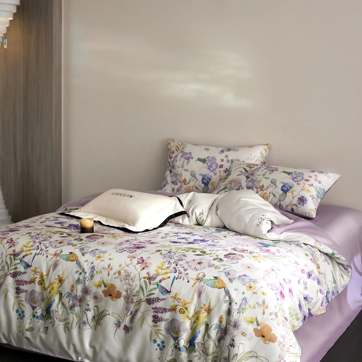 Floral Egyptian Cotton Bedding Set 700TC | Lilac Posy duvet cover angle view