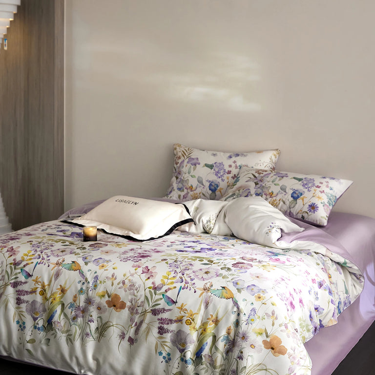 Floral Egyptian Cotton Bedding Set 700TC | Lilac Posy duvet cover angle view