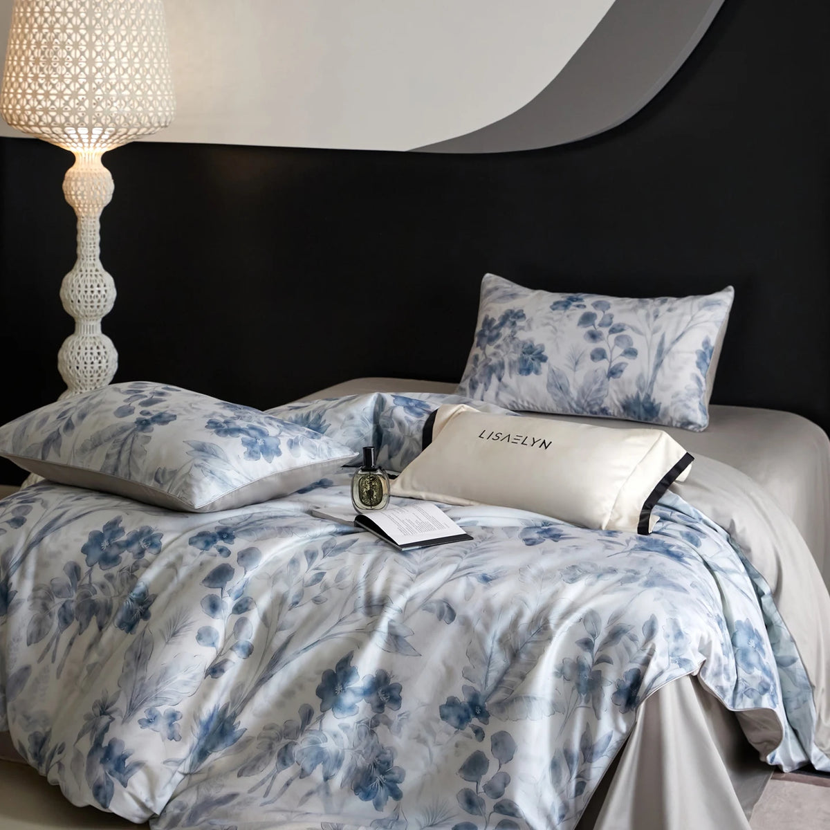 Floral Egyptian Cotton Bedding Set 800TC | Blue Watercolour duvet cover angle view
