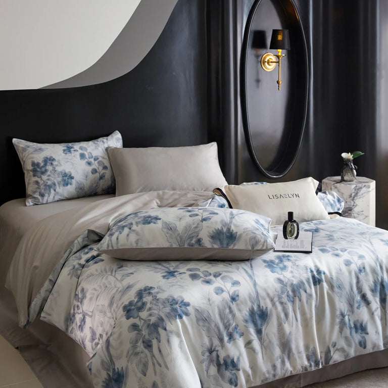 Floral Egyptian Cotton Bedding Set 800TC | Blue Watercolour with grey sheet