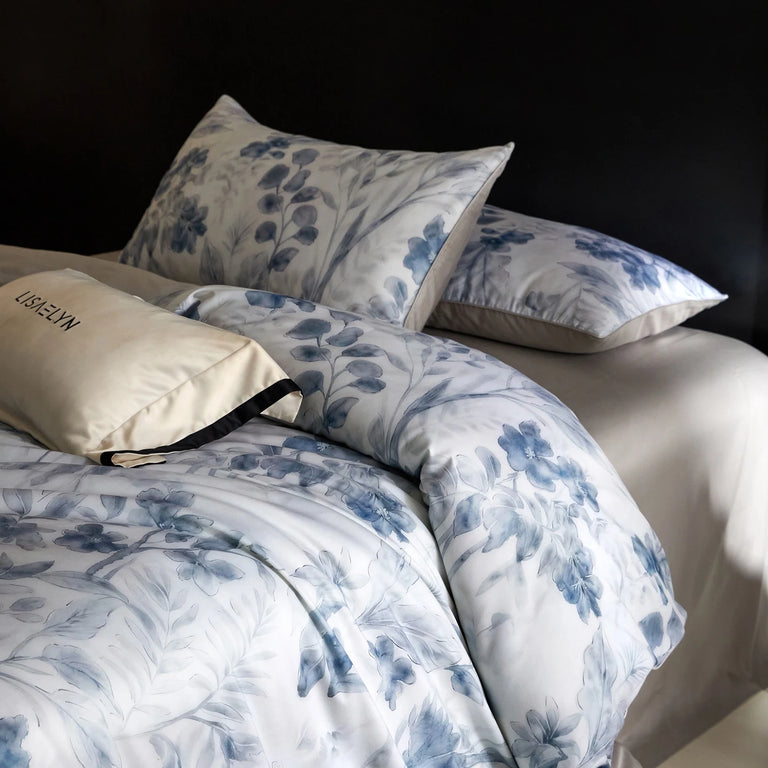 Floral Egyptian Cotton Bedding Set 800TC | Blue Watercolour bedding side view