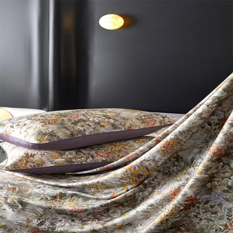 Floral Egyptian Cotton Bedding Set 800TC | Lilac Meadow print and pillowcase edge detail