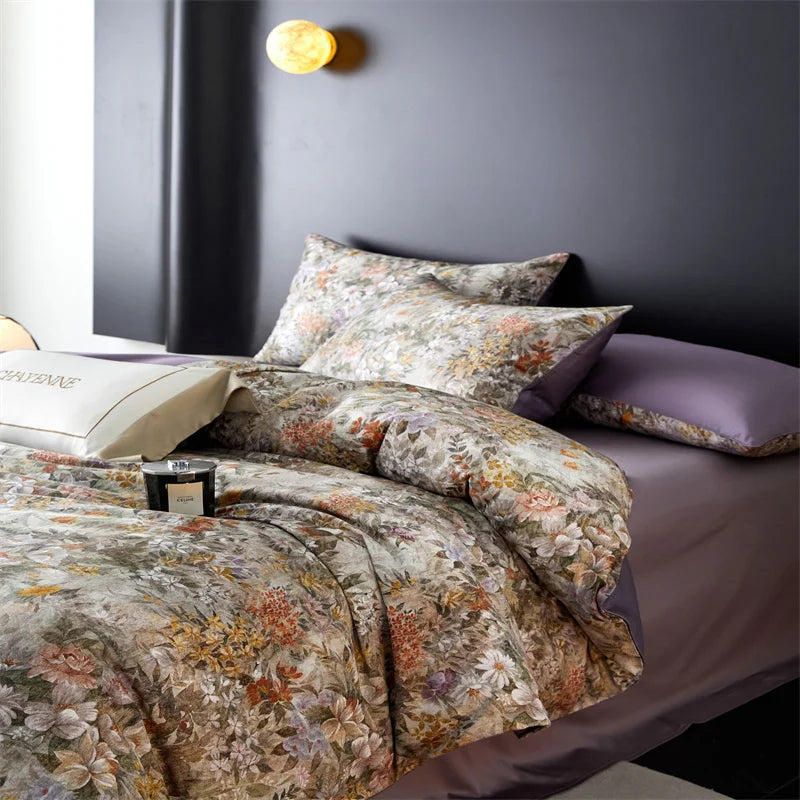 Floral Egyptian Cotton Bedding Set 800TC | Lilac Meadow pillowcases side view