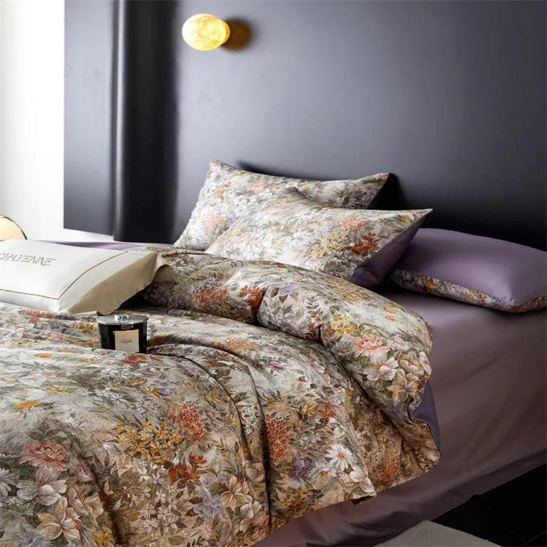 Floral Egyptian Cotton Bedding Set 800TC | Lilac Meadow pillowcases side view