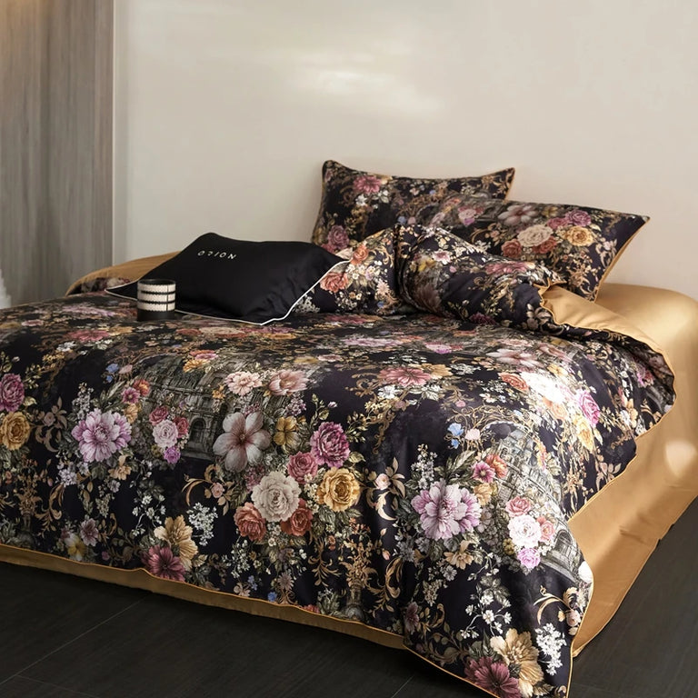 Floral Egyptian Cotton Bedding Set 800TC | Midnight Rose duvet cover angle view